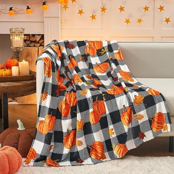 Pumpkin Leaf Fall Plaid Throw Blanket -Cozy 50"x60" Autumn Decor for Couch & Bed - Picture 1 of 7